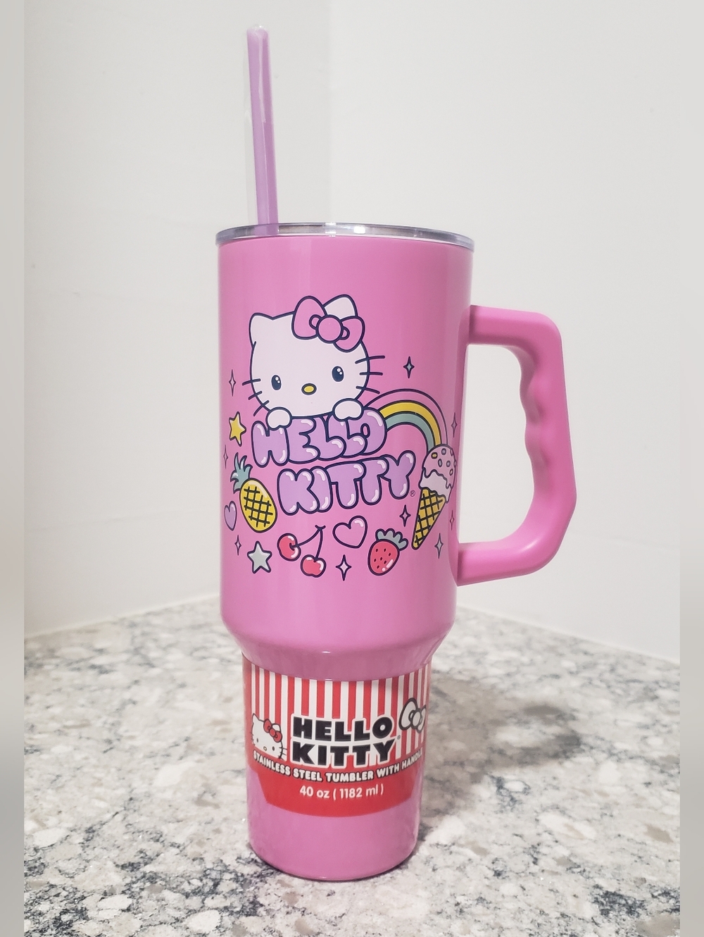 Hello Kitty By Sanrio 40oz Pink Stainless Steel Tumbler w/ Handle And Straw NWT